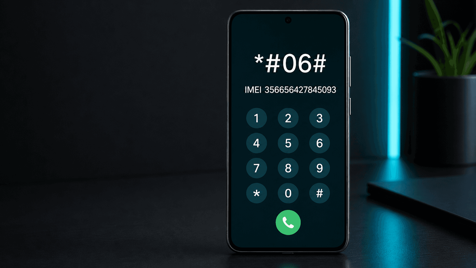 Smartphone screen showing the *#06# dial code and an example IMEI number