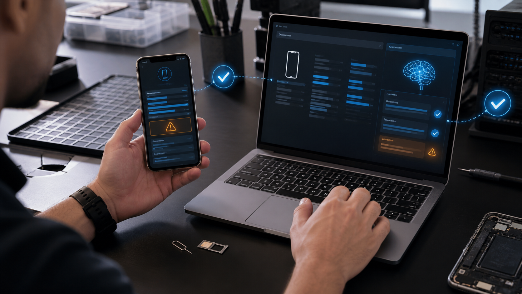 Technician comparing phone identity data with verification signals for IMEI Check Basics for Buyers and Repair Shops