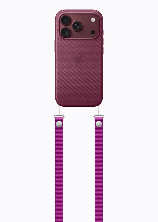 Burgundy iPhone 18 Pro in a matching case with magenta Crossbody Strap