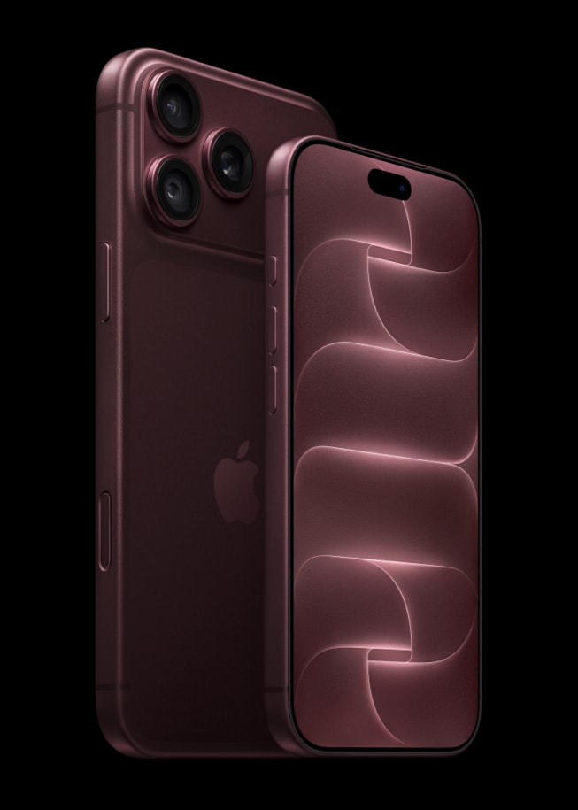 Burgundy iPhone 18 Pro front view beside the rear of an iPhone 18 Pro Max