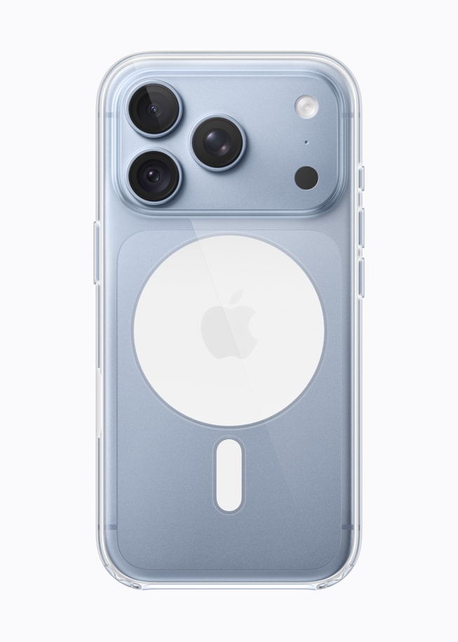 Glacier iPhone 18 Pro shown from the rear in an Apple Clear Case