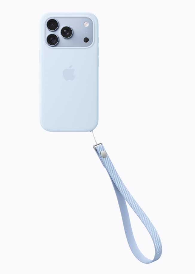 Glacier iPhone 18 Pro with matching Apple Wrist Strap in an angled product view